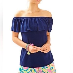Lilly Pulitzer La Fortuna Off-the-Shoulder Ruffle Top in True Navy